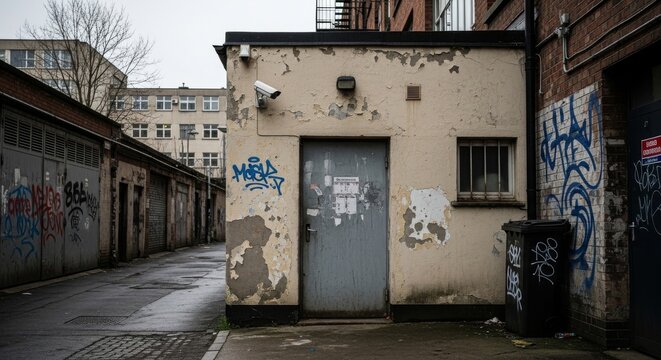 Weathered building with security camera and graffiti door
