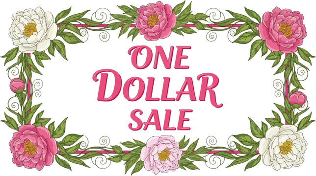 A colorful floral illustration advertising a one dollar sale with pink and white flowers