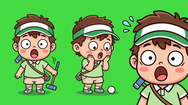 Cartoon Boy Playing Croquet with Surprised Expressions on Green Background.