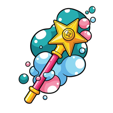 Magical star wand, cartoon bubble illustration, fantasy vector icon, colorful kids graphic