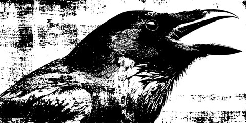 Obraz premium Raven calling with open beak on grunge textured background