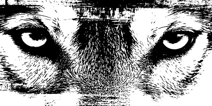Wolf piercing stare centered on grainy high contrast face
