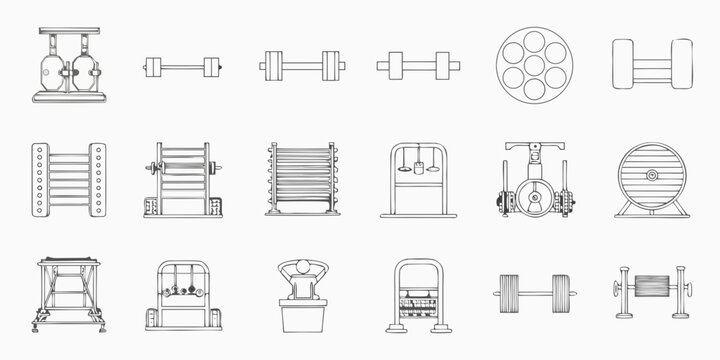 Line art illustration of various vintage gym equipment and training tools