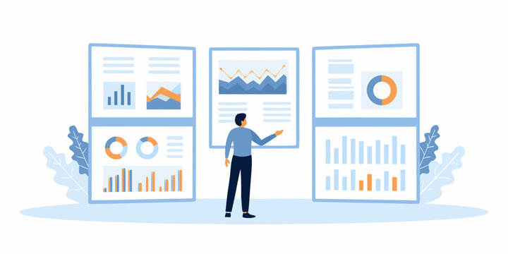 Man presenting data analytics and business reports on multiple screens