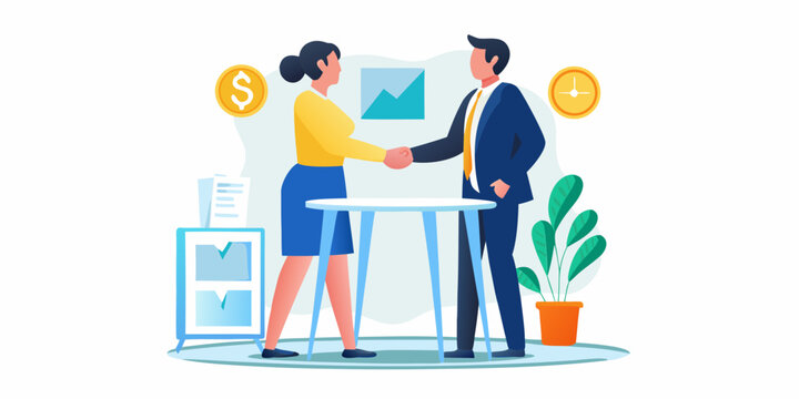 Business professionals shaking hands finalizing a deal with financial charts