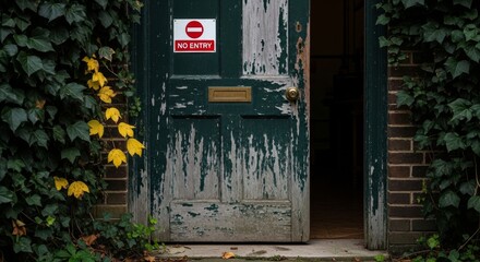 Obraz premium Weathered Green Door With No Entry Sign