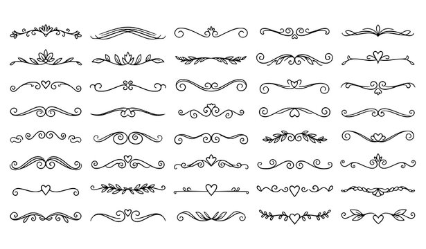 Hand drawn divider doodle set with vintage line ornaments and floral border separators for wedding and design decoration