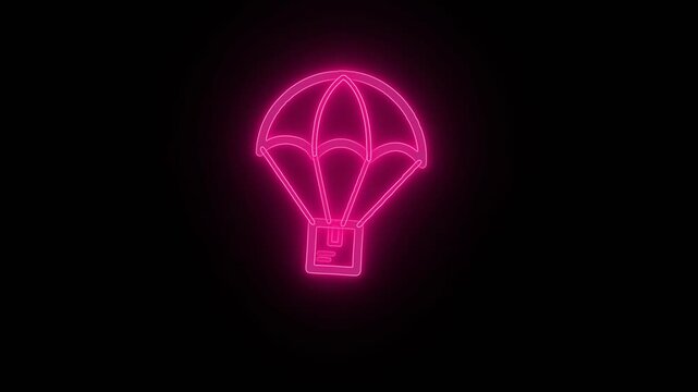 Neon illuminated parachute icon with vibrant glowing energy on a black background, 4k animation
