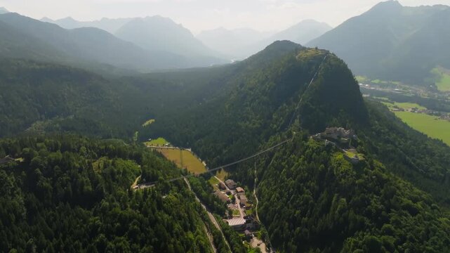 Aerial view of Ehrenberg Castle and Highline 179 bridge in Austria. Tourist points with alpine landscapes in Europe.