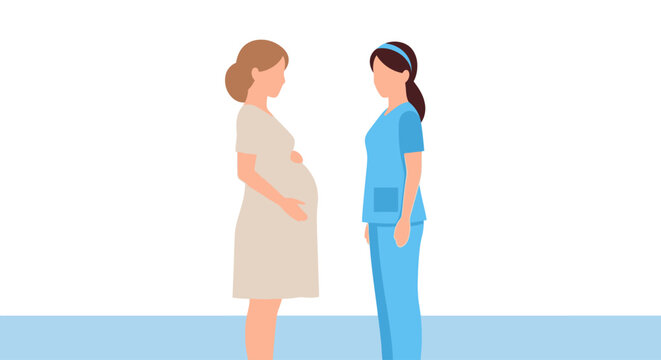 Illustration of a pregnant woman consulting with a medical professional, possibly a nurse, highlighting healthcare and maternal support