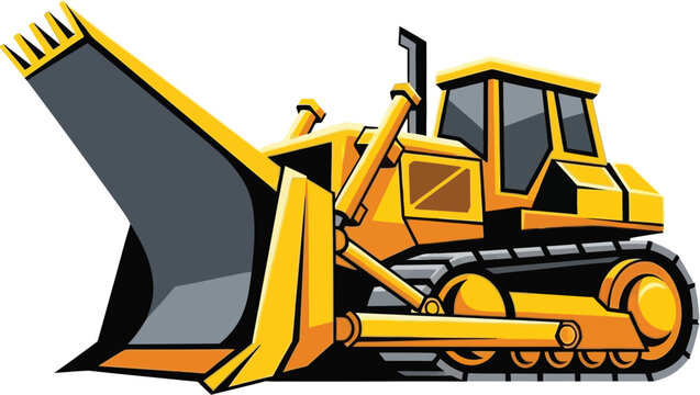 A cartoon bulldozer with a large blade and tracks on a white background