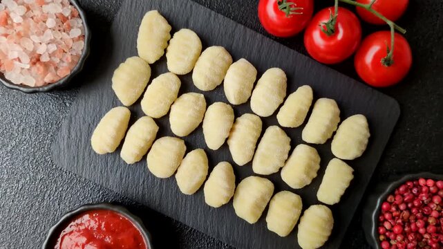 Raw homemade potato gnocchi, made with salt and spices, ready for lunch. Raw gnocchi as a food background for your design