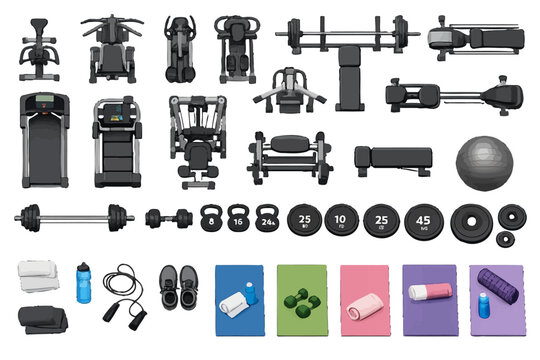 Top View Gym Equipment Vector Set: Fitness Machines, Weights, Treadmills, and Yoga Mats Plan Symbols
