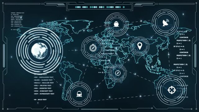 Sci-fi cockpit with HUD interface. Glowing green sci-fi control interface with central radar, data panels, charts, Earth Globe visualization. HUD cybersecurity, military concept. Vector cockpit UI
