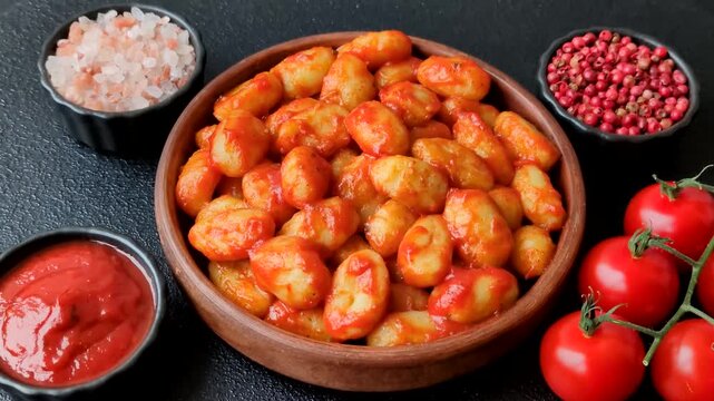 Homemade potato gnocchi with Bolognese sauce, seasoned with salt and spices, ready for lunch. Gnocchi with sauce as a food background for your design