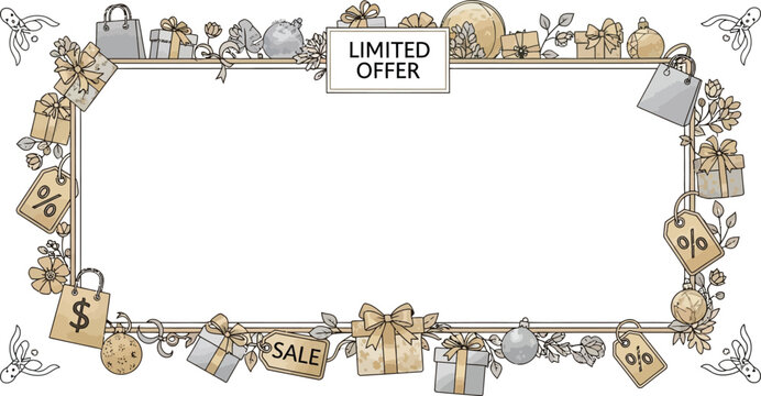 An illustration of a limited offer frame with gifts and sale tags