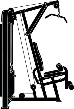 Black and white of a home gym machine with lat pulldown bar gym equipment fitness machine workout exercise