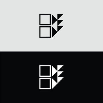 An abstract logo combining geometric shapes, featuring two squares on the left and a series of triangles pointing right on the right, shown on gray and black backgrounds.