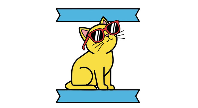 Cool yellow cat wearing red sunglasses framed by blue ribbons