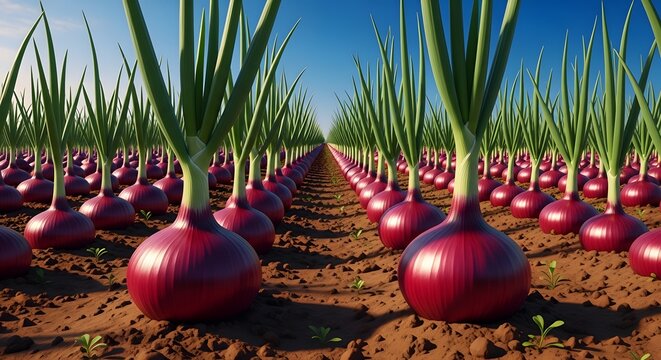 Red onion field a vibrant harvest of allium cepa in rural agriculture