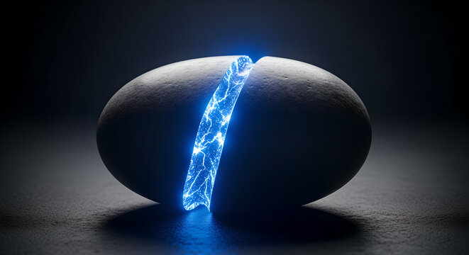 Stone egg cracked open reveals a glowing core of electric blue energy suggesting the birth of powerful new technology.