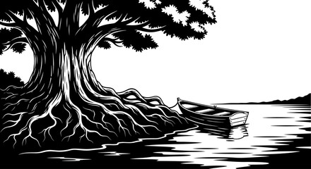 A large tree overlooks a small boat resting on calm waters © Muskan
