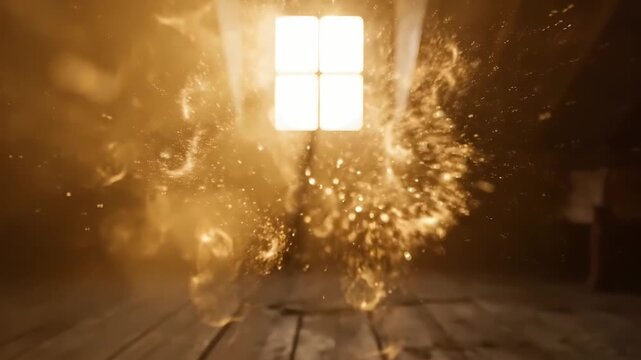 Golden Particles Swirling Through Dusty Attic Window Light