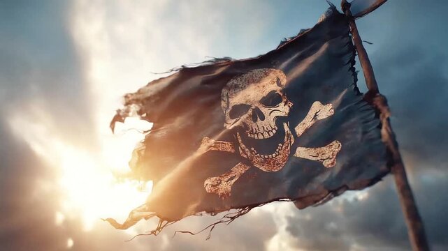 A dramatic pirate flag billowing in the wind under a cloudy sky evokes adventure, danger, and the allure of a daring past. Perfect for adventure narra
