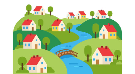 Fototapeta premium A colorful illustration of a quaint village with houses and a river