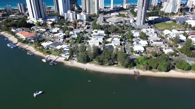 Aerial view of the cityscape of Gold Coast Queensland Australia. Modern architecture of the city on the shores of the Pacific Ocean.