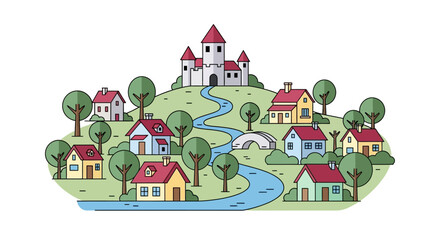 A colorful illustration depicts a whimsical village with a castle centerpiece © Muskan