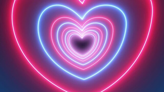 Abstract glowing neon hearts icon tunnel animation looping background.3d Neon glowing abstract rainbow heart tunnel in LGBT Pride colors. Disco music party Valentines day celebration