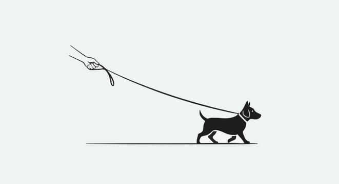 A silhouette of a dog walking on a leash with a hand holding the leash above it