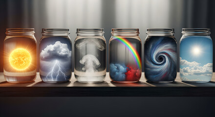 Naklejka premium Jars containing different weather phenomena like sun and storms represent the collection of climate patterns in glass containers.