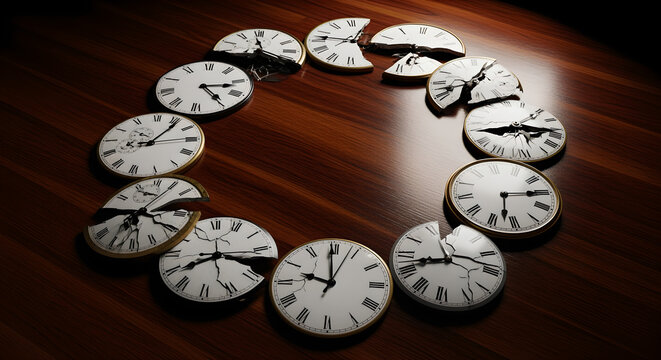 Clocks broken and scattered in a circle on a wooden table represent the passage of time and the feeling of deadline pressure.