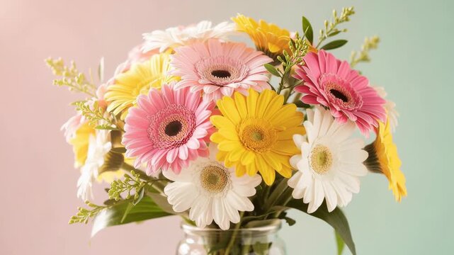 Beautiful colorful gerbera daisy bouquet in glass vase with soft pastel background for home decor