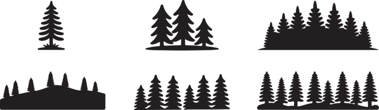 Boreal forest pine treelines icon set, flat black vector icons