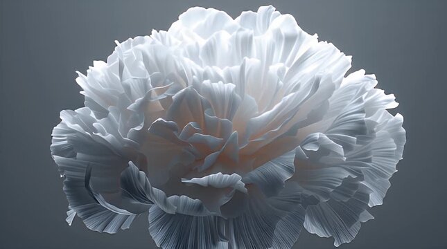 A close-up shot of a white flower, composed of many soft, ruffled petals. The background is a soft gray