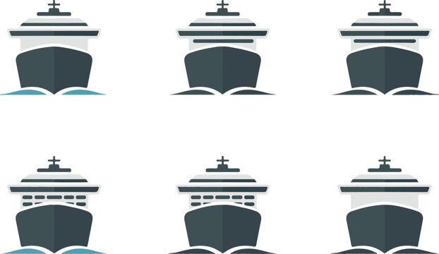Cruise ship stems icon set, flat black travel cargo ships vector icon