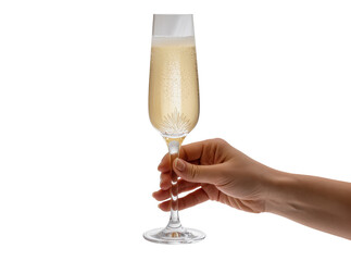 Isolated elegant hand holding a sparkling champagne flute with golden bubbly drink, ready for celebration. © Saoirse