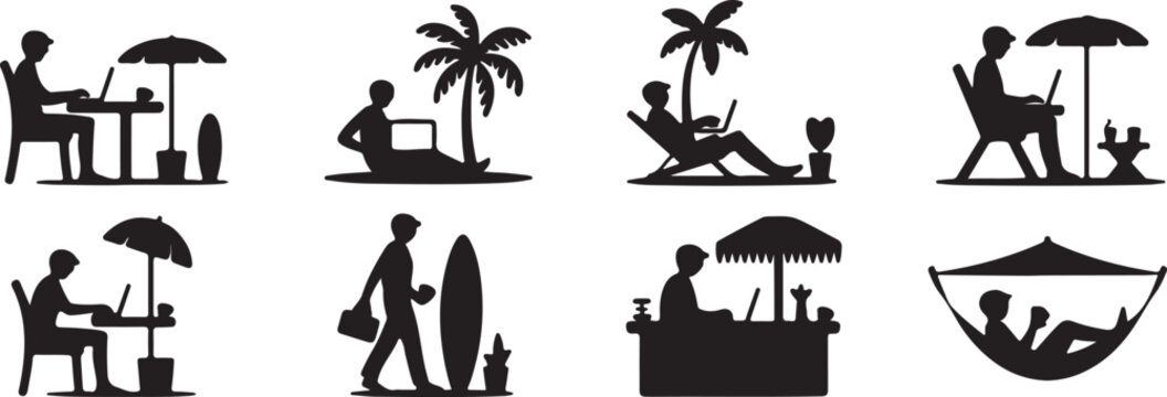 Digital nomad at beach cafe icon set, working with laptop silhouette, flat black vector design
