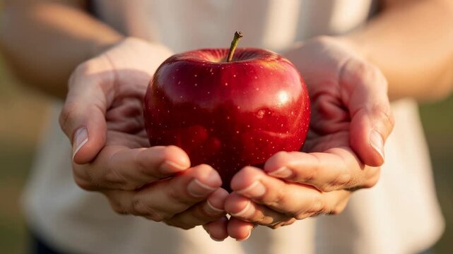 Fresh red apple held in cupped hands close up healthy fruit nature snack