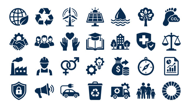 Sustainable development icons representing environmental protection social responsibility and economic growth concepts for global progress and eco friendly business