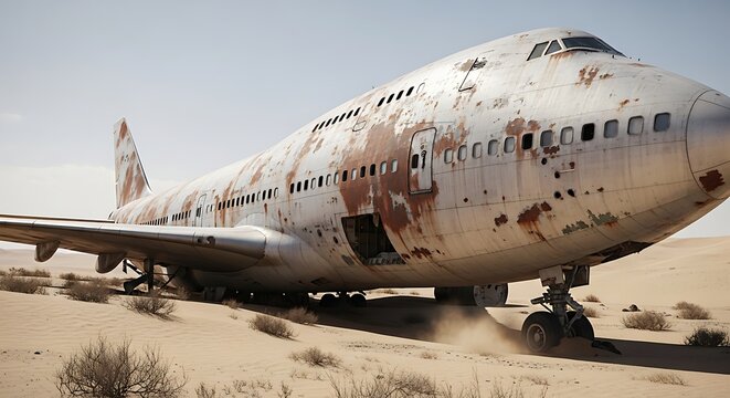 Abandoned rusted jumbo jet airplane wreckage stranded in a vast arid desert landscape with forgotten place ghost plane airplane