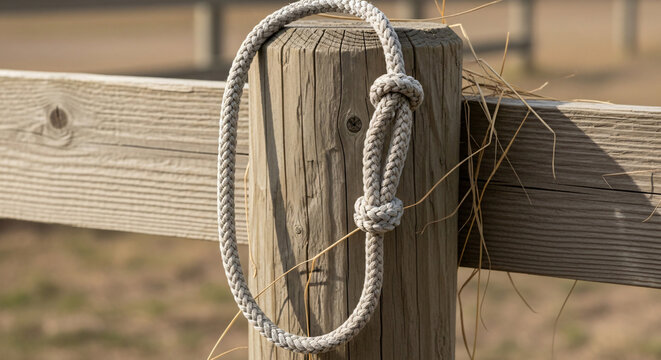 A rope is tied to a wooden fence post in a rural setting