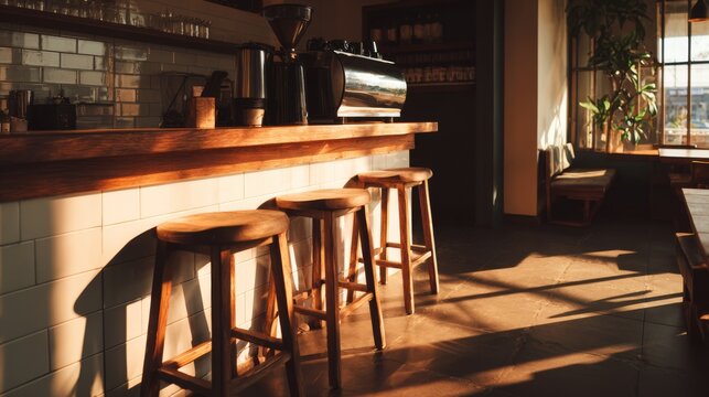 Cozy cafe interior with wooden stools warm sunlight and coffee bar in inviting morning atmosphere