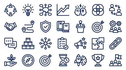 Fototapeta premium Business strategy and success icons representing teamwork innovation growth goals and achievement in a modern flat design style
