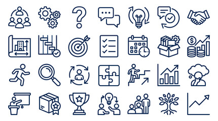 Fototapeta premium Business strategy icons representing teamwork planning goals growth and success in a modern flat design style