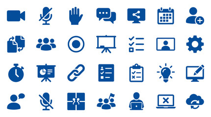 Fototapeta premium Collection of blue icons representing business communication collaboration and technology concepts on a white background