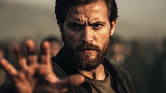 Intense bearded man with outstretched hand showing strong emotion and determination in dramatic outdoor setting